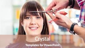 Presentation with hair tools and hairdressing concept - Colorful presentation design enhanced with banging - hairdresser cutting woman bangs hair backdrop and a coral colored foreground