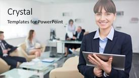  Presentation with board meeting room chairs - Audience pleasing presentation theme consisting of banging - portrait of smiling young businesswoman backdrop and a light gray colored foreground