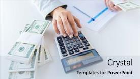  Presentation with business calculator - Slide set featuring bank accounts - business finance tax and people background and a  colored foreground