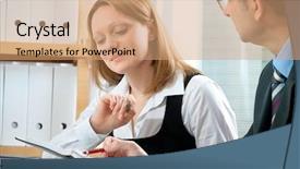  Presentation with team meeting - PPT theme enhanced with bank customer service - business team at a meeting background and a coral colored foreground