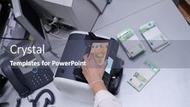  Presentation with employees - Presentation design consisting of bank-employees-using-money-counting background and a gray colored foreground