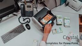  Presentation with vault - Slide deck with bank-employees-using-money-counting background and a light gray colored foreground