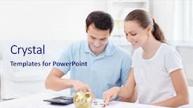  Presentation with money - Beautiful presentation featuring bank houses - young couple counts money backdrop and a sky blue colored foreground