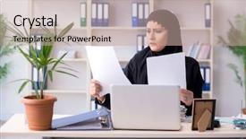  Presentation with islam - PPT layouts having bank islam - female employee bookkeeper in hijab background and a coral colored foreground