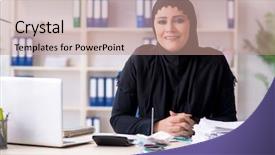  Presentation with hijab - Presentation design consisting of bank islam - female employee bookkeeper in hijab background and a coral colored foreground