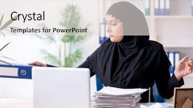  Presentation with islam - PPT theme having bank islam - female employee bookkeeper in hijab background and a light gray colored foreground
