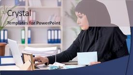  Presentation with islam - Presentation design featuring bank islam - female employee bookkeeper in hijab background and a light gray colored foreground