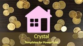  Presentation with house - Presentation enhanced with bank loan - model of house with coins background and a tawny brown colored foreground