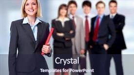  Presentation with team group - Beautiful presentation theme featuring bank managers - group of business people team backdrop and a wine colored foreground