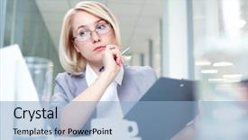  Presentation with workplace tension - PPT theme with bank managers - portrait of attractive businesswoman background and a  colored foreground