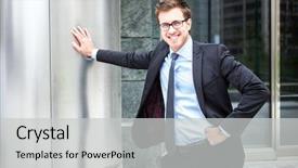  Presentation with nano composites and metal - Slides having bank managers - smiling handsome businessman leaning background and a light gray colored foreground