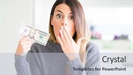  Presentation with beautiful young woman getting face - Colorful presentation theme enhanced with bank note at home cover backdrop and a  colored foreground
