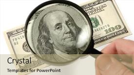  Presentation with magnifying glass - Audience pleasing PPT theme consisting of watermark - hundred dollar bill backdrop and a mint green colored foreground