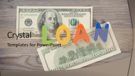  Presentation with loan - Presentation design consisting of bank notes and loan alphabet on old wooden desk focus on alphabet blocks background and a coral colored foreground