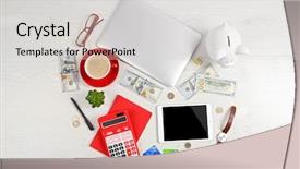  Presentation with monetary supply process central bank - PPT theme consisting of bank office supplies and money background and a light gray colored foreground