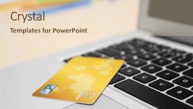  Presentation with credit card - Cool new slide set with bank operational budget - credit card on laptop keyboard backdrop and a  colored foreground