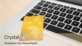  Presentation with cyber credit card crime - Amazing presentation theme having bank operational budget - credit card on laptop keyboard backdrop and a  colored foreground