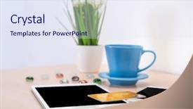  Presentation with mobile phone on car - Presentation theme featuring bank operational budget - credit card tablet and mobile background and a  colored foreground