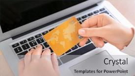  Presentation with budget - PPT theme with bank operational budget - woman with credit card background and a  colored foreground