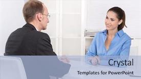  Presentation with two people talking - Audience pleasing PPT theme consisting of bank personnel - two business people talking together backdrop and a light blue colored foreground