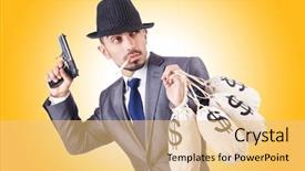  Presentation with criminal money - Presentation design with bank robber - businessman criminal with sacks background and a yellow colored foreground
