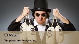  Presentation with bank - Colorful slide set enhanced with bank robber - funny man with dollar sacks backdrop and a coral colored foreground