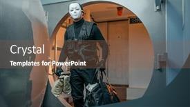  Presentation with bank - Beautiful PPT theme featuring bank robbery robber in black uniform and mask backdrop and a tawny brown colored foreground