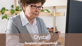  Presentation with computer security - Presentation theme enhanced with bank security - senior woman on computer concept background and a coral colored foreground