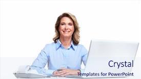  Presentation with business laptop globe satellite - Presentation theme consisting of bank service - accountant business woman background and a sky blue colored foreground