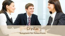  Presentation with team work - Colorful slide deck enhanced with bank service - business-team of three smiling people backdrop and a lemonade colored foreground