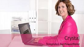  Presentation with desk - Presentation theme featuring bank service - smiling business woman sitting background and a  colored foreground