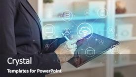  Presentation with network security - PPT layouts consisting of bank systems - business woman using tablet background and a dark gray colored foreground