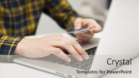  Presentation with hold hand - Beautiful PPT layouts featuring bank technology - laptop and man who working backdrop and a light gray colored foreground