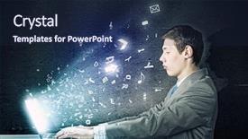  Presentation with laptop - Presentation with bank technology - thoughtful young man in suit background and a navy blue colored foreground