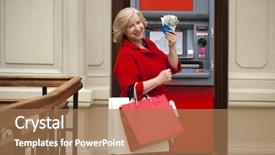  Presentation with atm - Cool new PPT theme with bank teller - mature blonde woman with shopping backdrop and a coral colored foreground