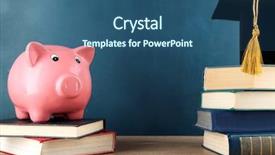  Presentation with piggy bank - Audience pleasing PPT theme consisting of bank with books and grad backdrop and a ocean colored foreground