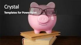  Presentation with piggy bank - PPT theme enhanced with bank with glasses and book background and a dark gray colored foreground