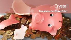  Presentation with piggy bank - PPT theme having bank with pile of coins background and a coral colored foreground