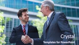  Presentation with shaking hands - Amazing slide deck having banker - business people shaking hands backdrop and a ocean colored foreground