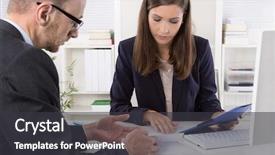  Presentation with woman office desk - Colorful slide deck enhanced with banker - customer and agent sitting backdrop and a dark gray colored foreground