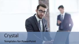  Presentation with laptop - Cool new theme with banker - handsome businessman is working backdrop and a teal colored foreground