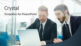  Presentation with information - Audience pleasing theme consisting of bankers concentrating on learning online backdrop and a  colored foreground