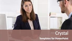  Presentation with discussion - Cool new presentation theme with banking - customer and female financial agent backdrop and a violet colored foreground