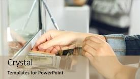  Presentation with cash - Colorful PPT theme enhanced with banking - female hand with money backdrop and a coral colored foreground