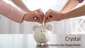  Presentation with banking - Colorful slides enhanced with banking - hands putting coin into piggy backdrop and a light gray colored foreground