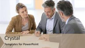  Presentation with contract - Slide deck with banking - mature couple signing financial contract background and a coral colored foreground