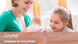  Presentation with daughter mother - Audience pleasing presentation theme consisting of banking - mother and daughter putting coins backdrop and a coral colored foreground