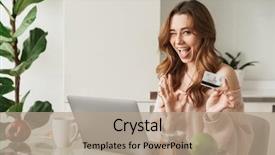  Presentation with credit card - PPT layouts having banking - portrait of a delighted young background and a coral colored foreground