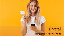 Presentation with mobile banking - PPT theme with banking - portrait of a happy young background and a gold colored foreground