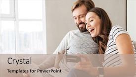  Presentation with online banking - PPT theme with banking - portrait of a laughing young background and a coral colored foreground